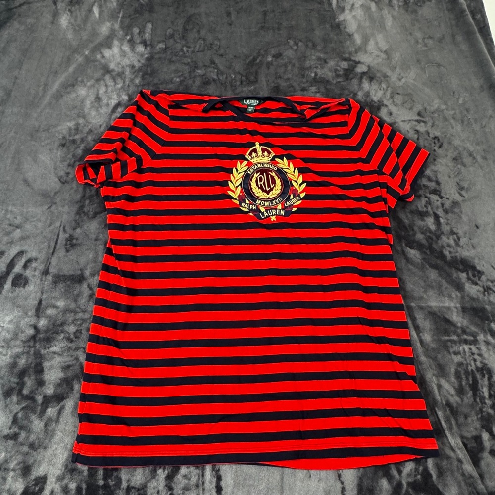 Lauren Ralph Lauren T-Shirt Womens 1X Red Navy Striped Crest Logo Short Sleeve